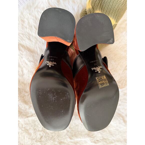 Prada Black/Brown Velvet and Leather Kiltie Mule Sandals - Picture 10 of 10